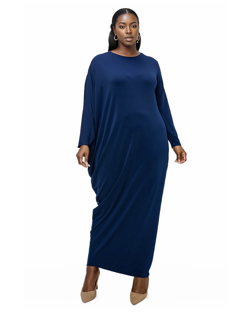 Front of a model wearing a size 3X Louella Asymmetrical Maxi Dress in Navy by L I V D. | dia_product_style_image_id:339624